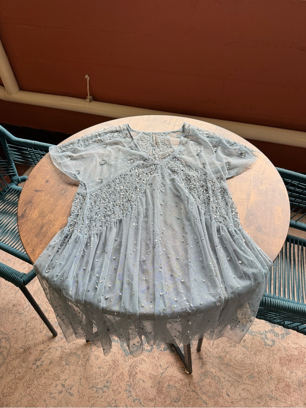 Anthropologie Pale Blue Beaded Mesh Tunic